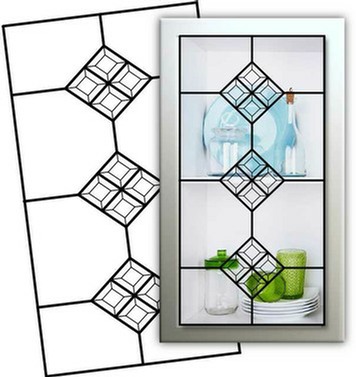 Kitchen Cabinet Glass Insert Design L-500-H using clear glass  and clear square bevels so that items displayed in the cabinet are more transparent